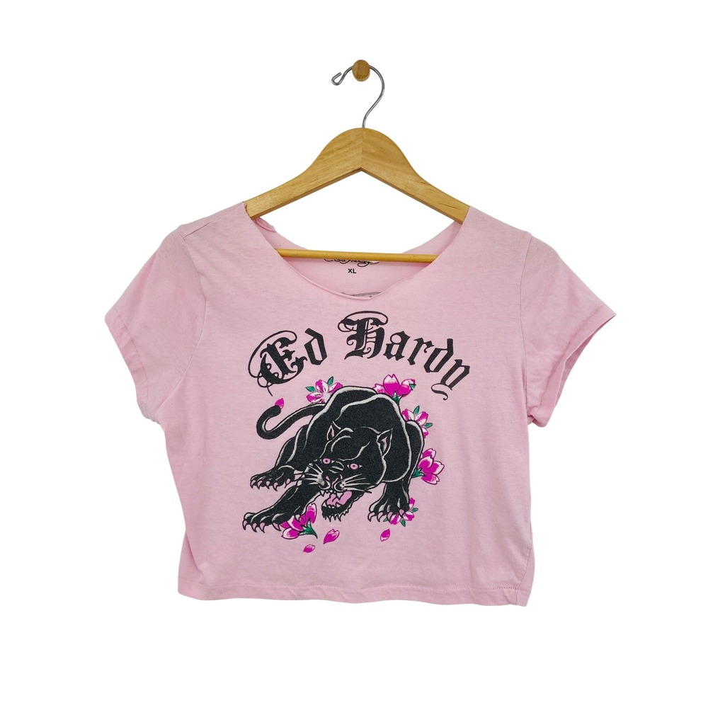 Ed Hardy Crop Top Women XL Pink Panther Tattoo Graphic Tee EHWR1104-3